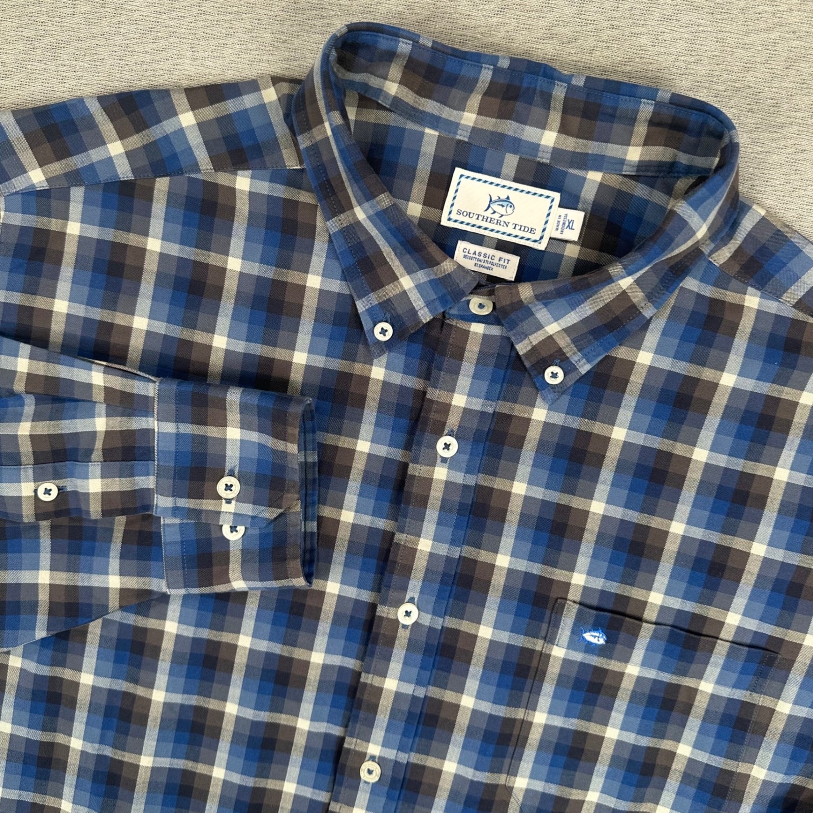 Southern Tide Shirt Mens Xl Classic Fit Blue Brown Plaid Long Sleeve Button Down